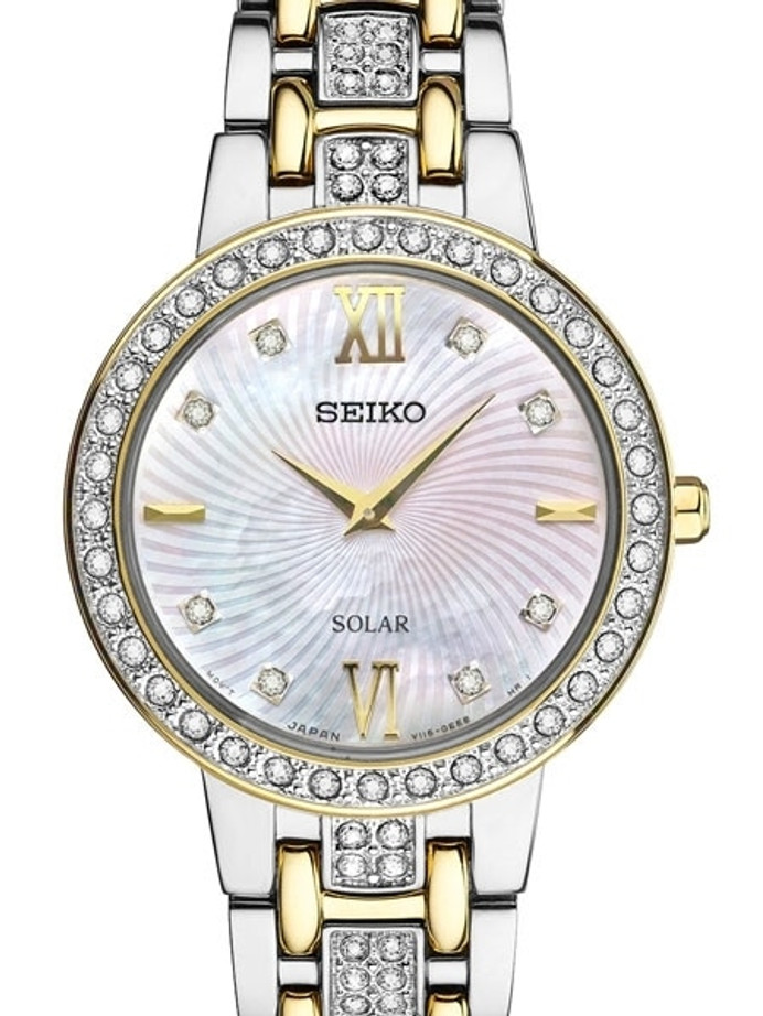 Seiko Ladies Solar Dress Watch with Swarovski Crystals, Mother of Pearl  Dial #SUP360