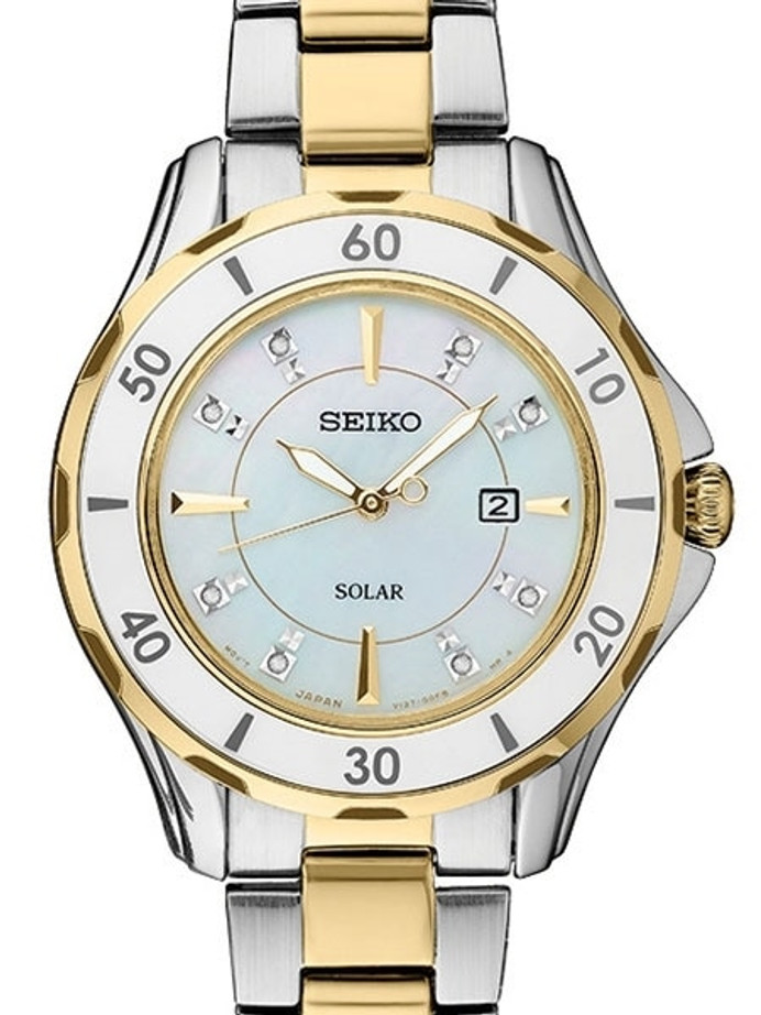 Seiko Two-Tone Women's Solar Dress Watch with MOP Dial, Goltone Hands and 8  Diamond Markers #SUT338