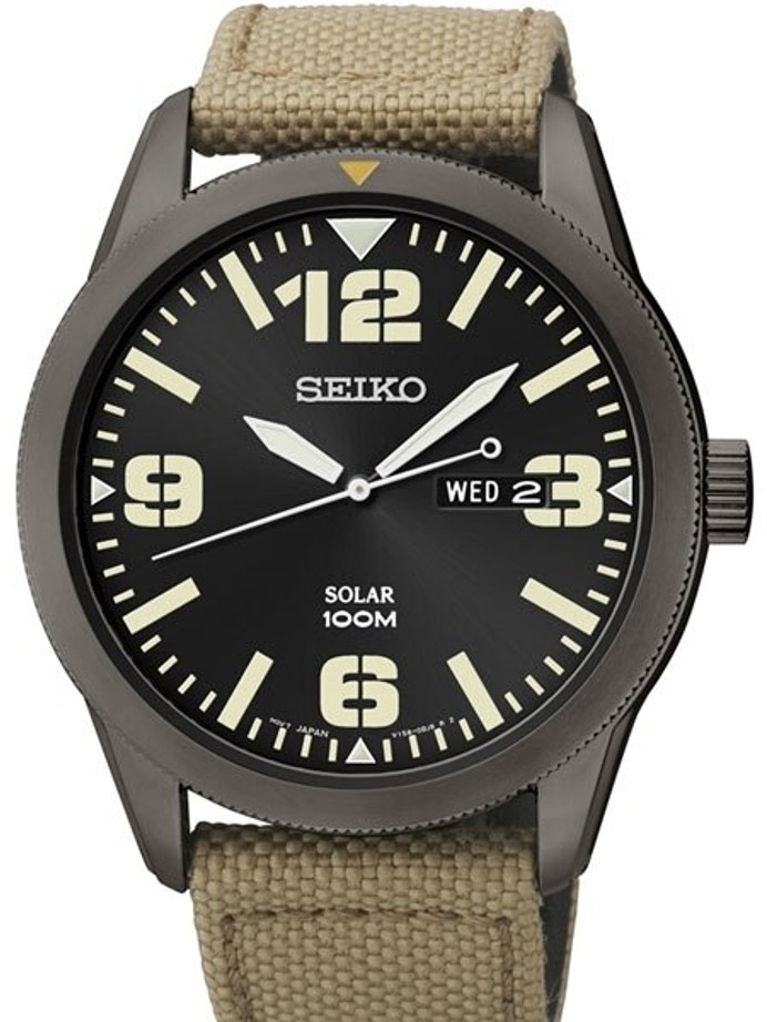 seiko silvertone black dial solar calendar watch