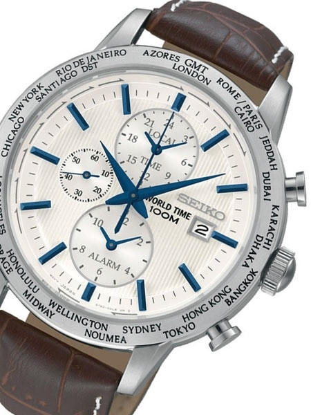 Seiko Quartz World Time, Alarm Watch with 43mm Stainless Steel Case # SPL051P1