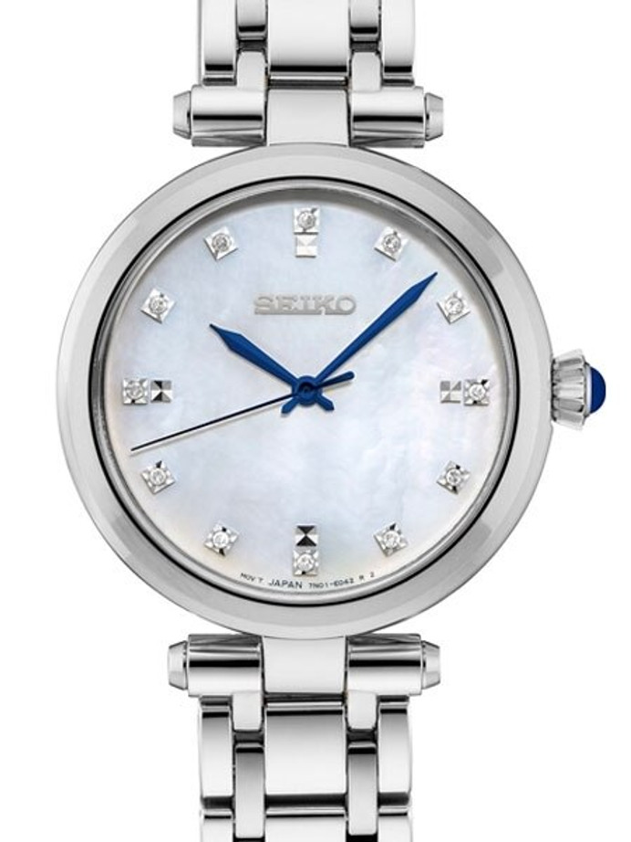 Seiko Ladies Quartz Dress Watch with with 12 Diamond Hour Markers, Mother of Pearl Dial #SRZ529