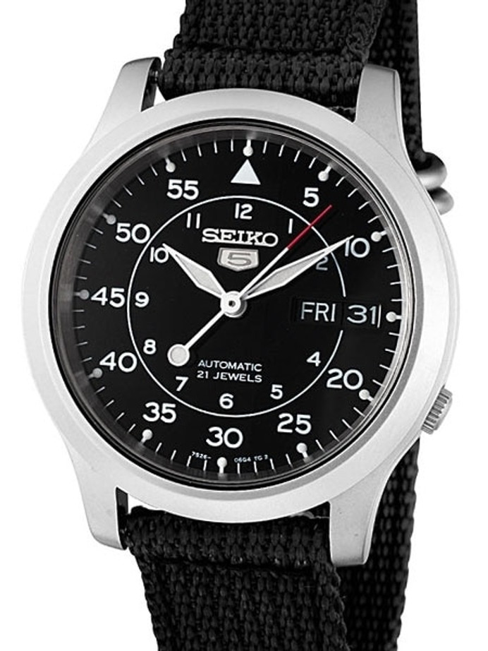 Seiko 5 Military Black Dial Automatic Watch with Black Canvas Strap #SNK809K2