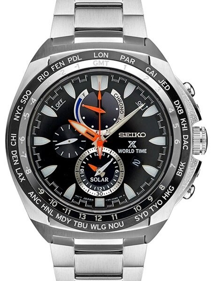 Seiko Solar Powered Chronograph Watch with World Time and Daily Alarm  #SSC487