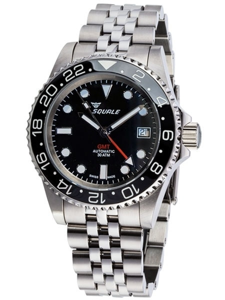 Squale 300 meter Swiss Automatic Dual-Time GMT watch with an  Anti-Reflective Sapphire Crystal #1545GM-CER-BK