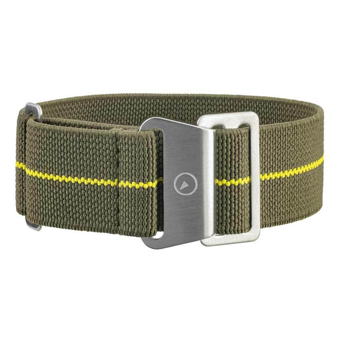 Green Elastic Woven Nylon Strap with Yellow Stripe, Brushed Finish Steel Clasp #EWB-13-SS