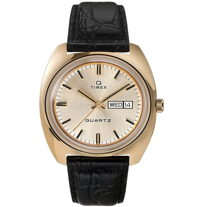Q Timex Reissue of 1975's 38mm Goldtone Leather Strap Watch