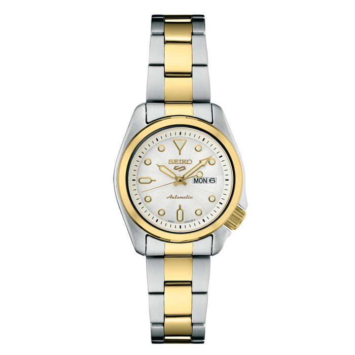 Seiko 5 Sports Automatic Watch with White Dial and 28mm Two-Tone Case #SRE004 Zoom