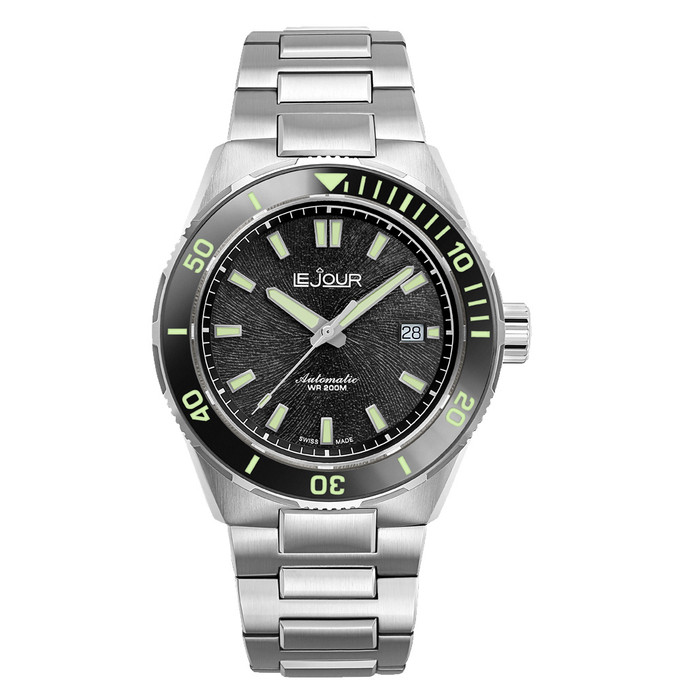 Le Jour Coral Automatic Swiss Dive Watch with Black Textured Dial