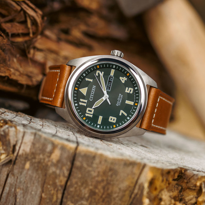 Citizen Eco-Drive Garrison Titanium Watch with Green Dial and Leather ...