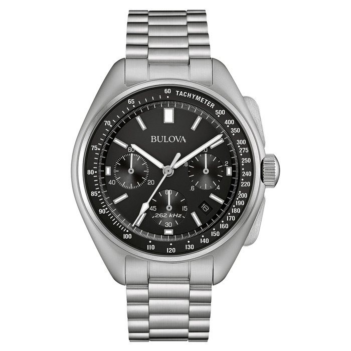 Bulova Lunar Pilot Chronograph 45mm with Black Dial and Stainless Steel Bracelet #96B258 zoom