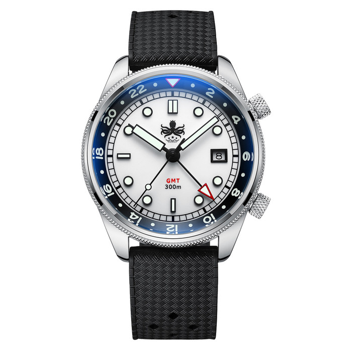 PHOIBOS Eagle Ray 300-Meter Dual-Time GMT Dive Watch with White Dial #PX023G