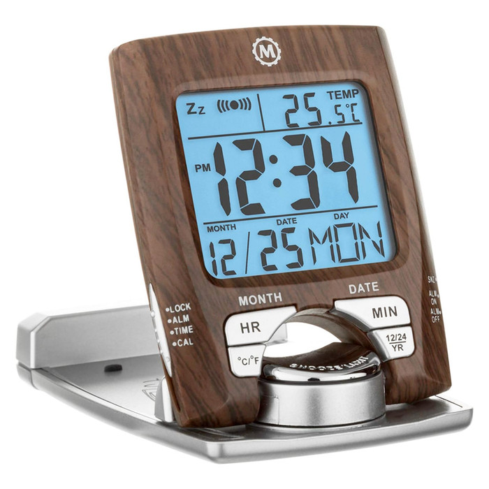 Marathon Travel Alarm Clock with Calendar, Temperature, 12 or 24 Hour Format #CL030023-WD-SV-NA