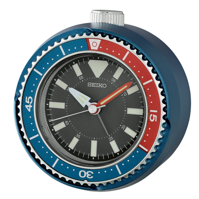 Seiko Mai Modern Rotating Bezel Alarm Clock in Metallic Blue and Red #QHE207LLH