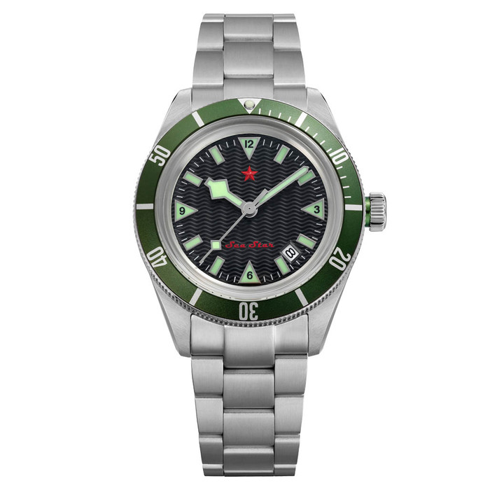 Red Star SEA STAR Watch with Black Dial and Green Bezel #7074G-E