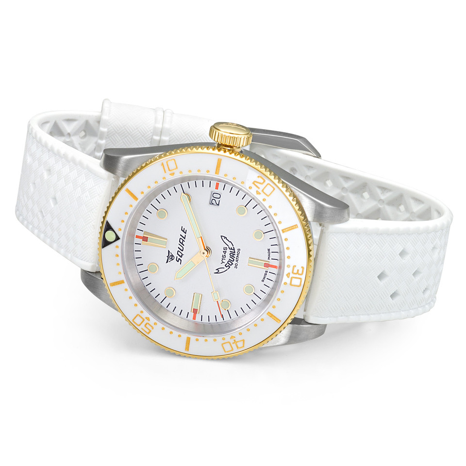 Squale 1545 White Dial Dive Watch with Gold Accents and Rubber Strap 1545WTWT.HTW