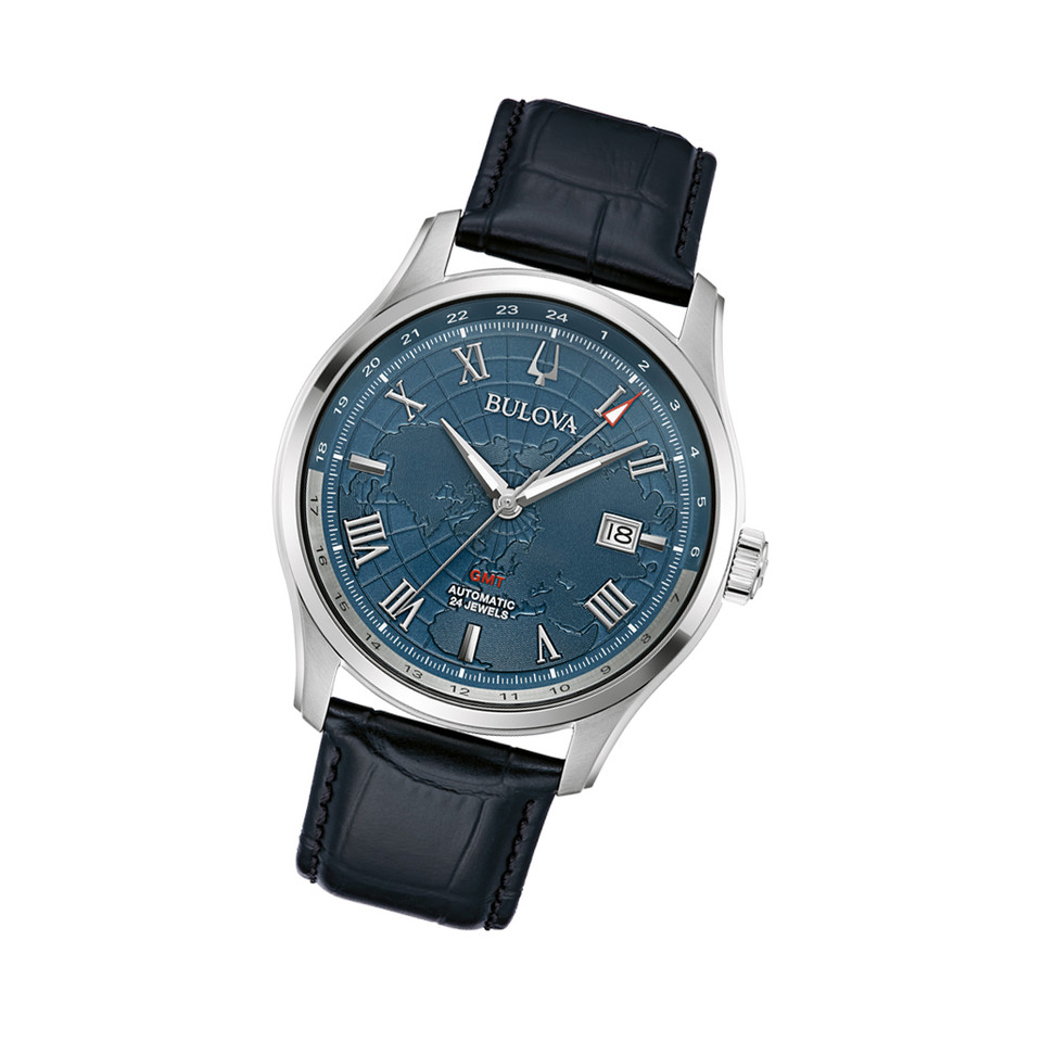 Bulova Wilton GMT Classic 96B385: Orologio Automatico Con Doppio Fuso, Quadrante Blu E Mappa Del Mondo - 2