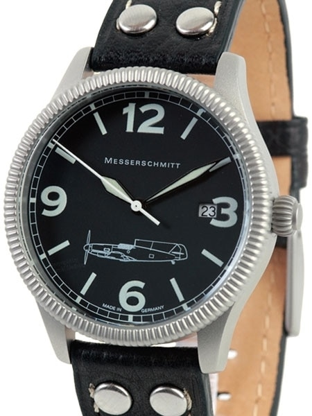 Messerschmitt Reloj de aviador Night & Day ME-108 para hombre, cuarzo, esfera bipartida, caja de acero inoxidable, cristal mineral, correa de piel con remaches, 5 bar, azul y negro, 43 mm, Correa