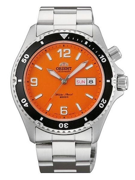 Orient Orange Dial Mako Automatic Dive Watch on a Bracelet