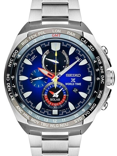 Seiko Solar Powered Chronograph Watch with World Time and Daily