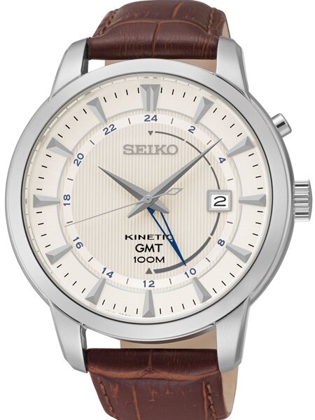 Seiko SUN041 Kinetic GMT Watch with 44mm case and creme-white dial