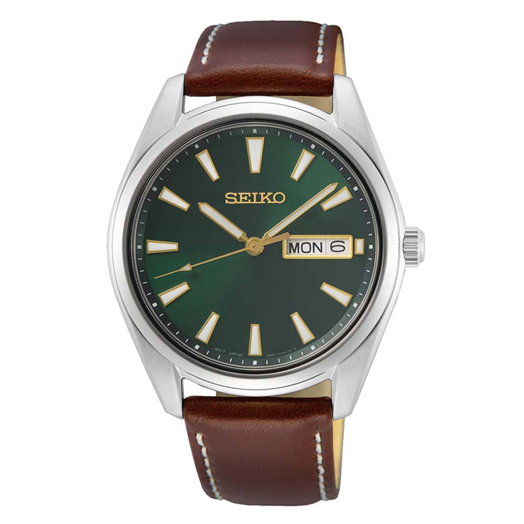 Seiko 40mm Day-Date Quartz Watch with Vibrant Green Dial SUR449