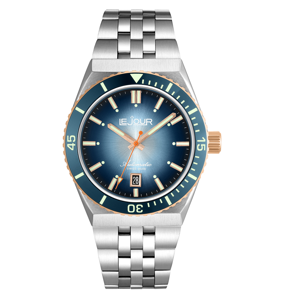 Le Jour Delmare Swiss Dive Watch with Fume Blue Dial and Rose Gold