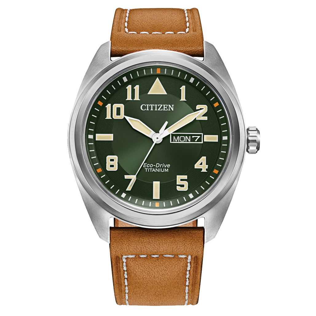 Citizen Eco-Drive Garrison Titanium Watch with Green Dial and Leather Strap  #BM8560-02X