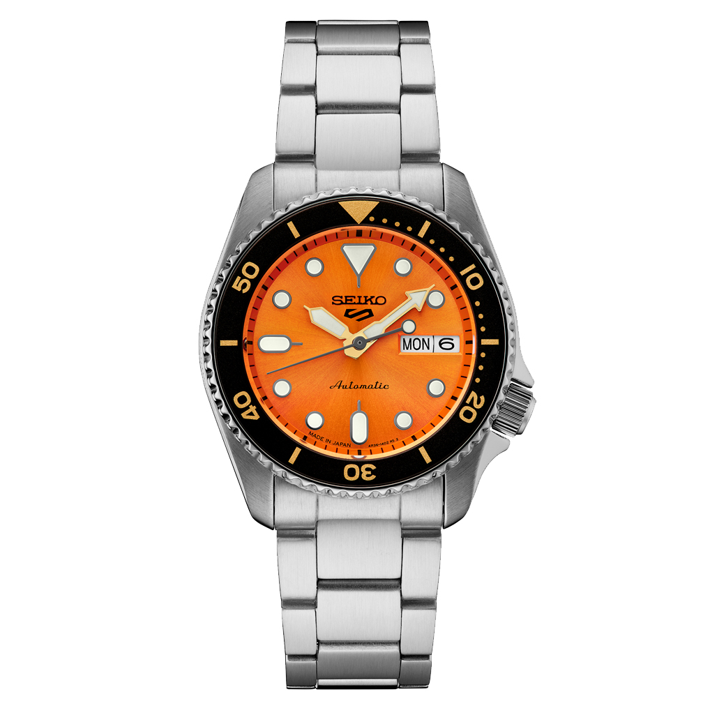 Seiko 5 Sports 38mm Automatic Watch with Vibrant Orange Dial #SRPK35