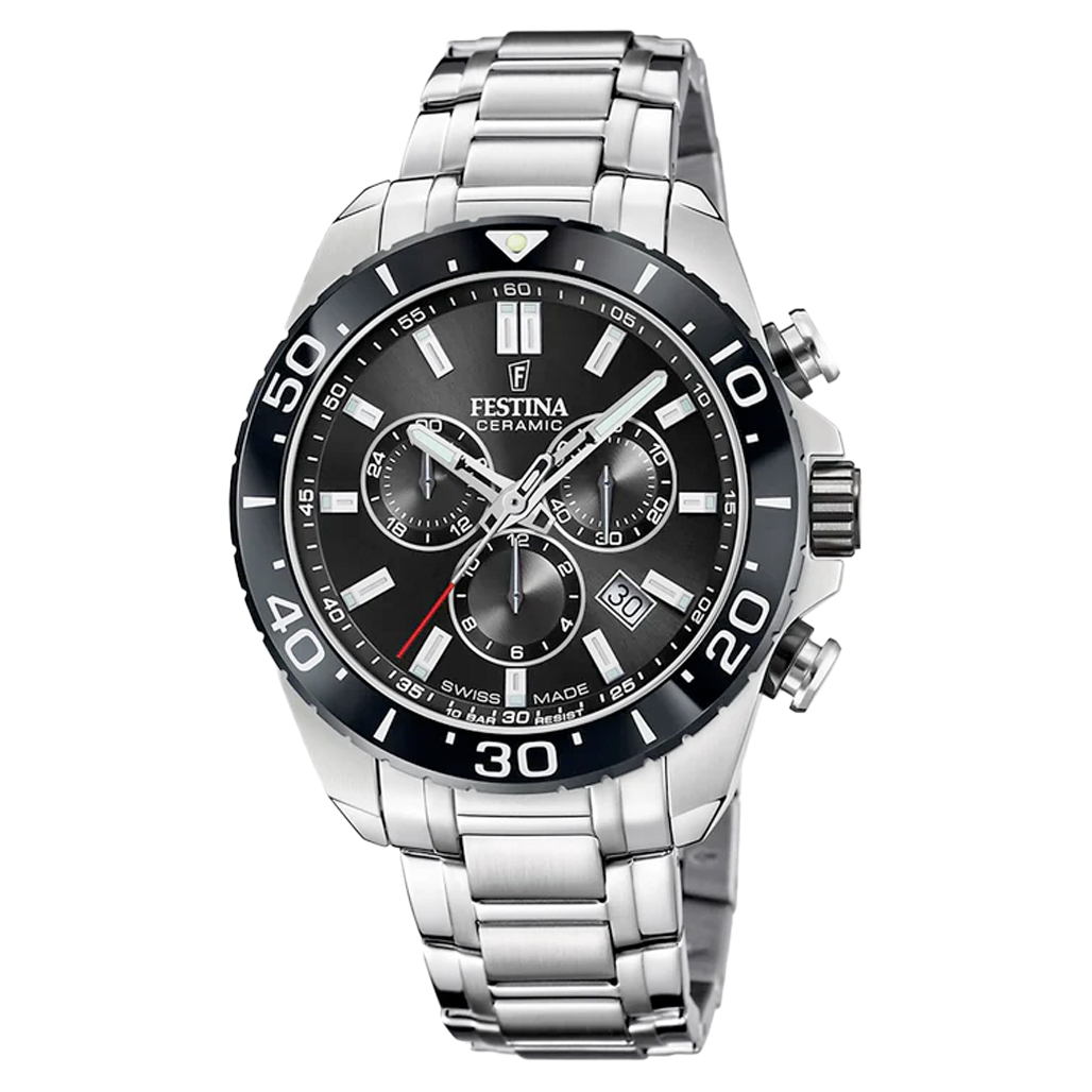 Festina Swiss Made Chronograph with Ceramic Bezel and Black Dial