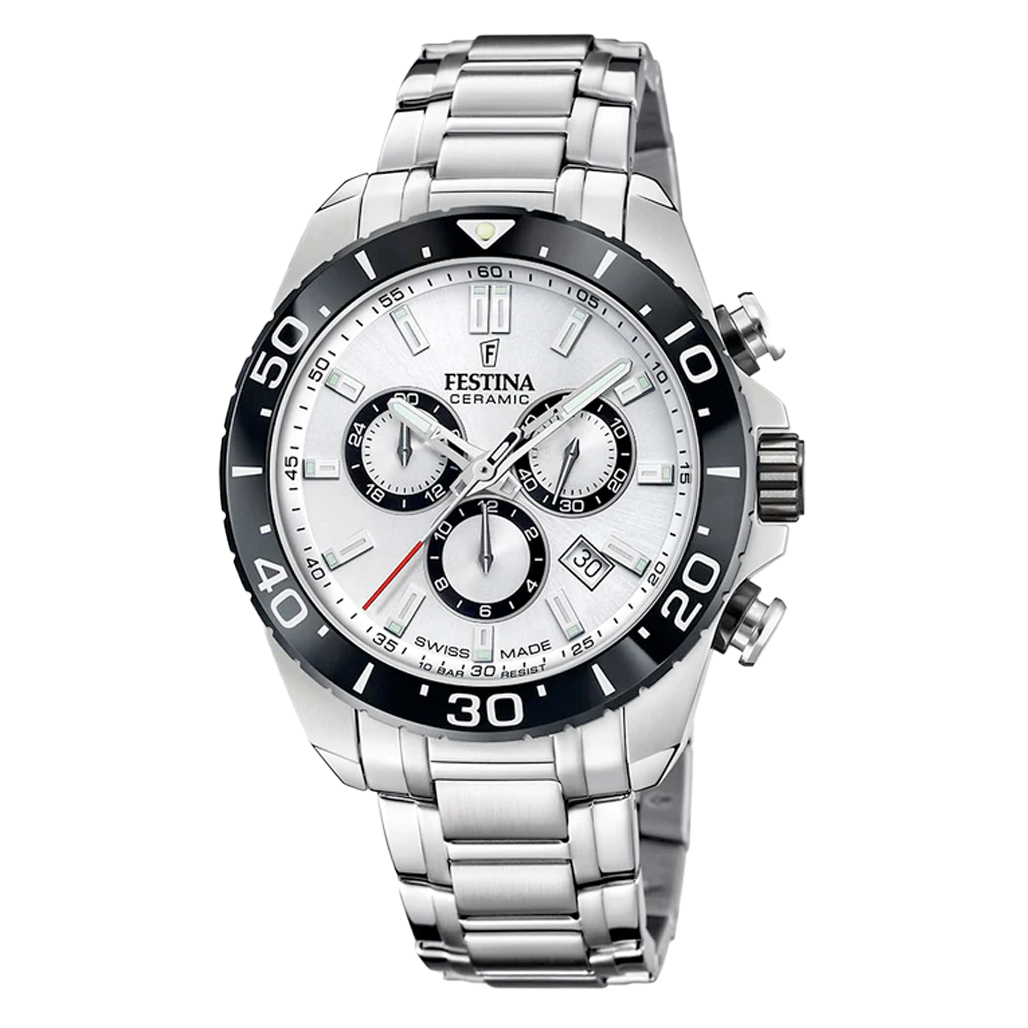 Festina Swiss Made Chronograph with Ceramic Bezel and Silver Dial