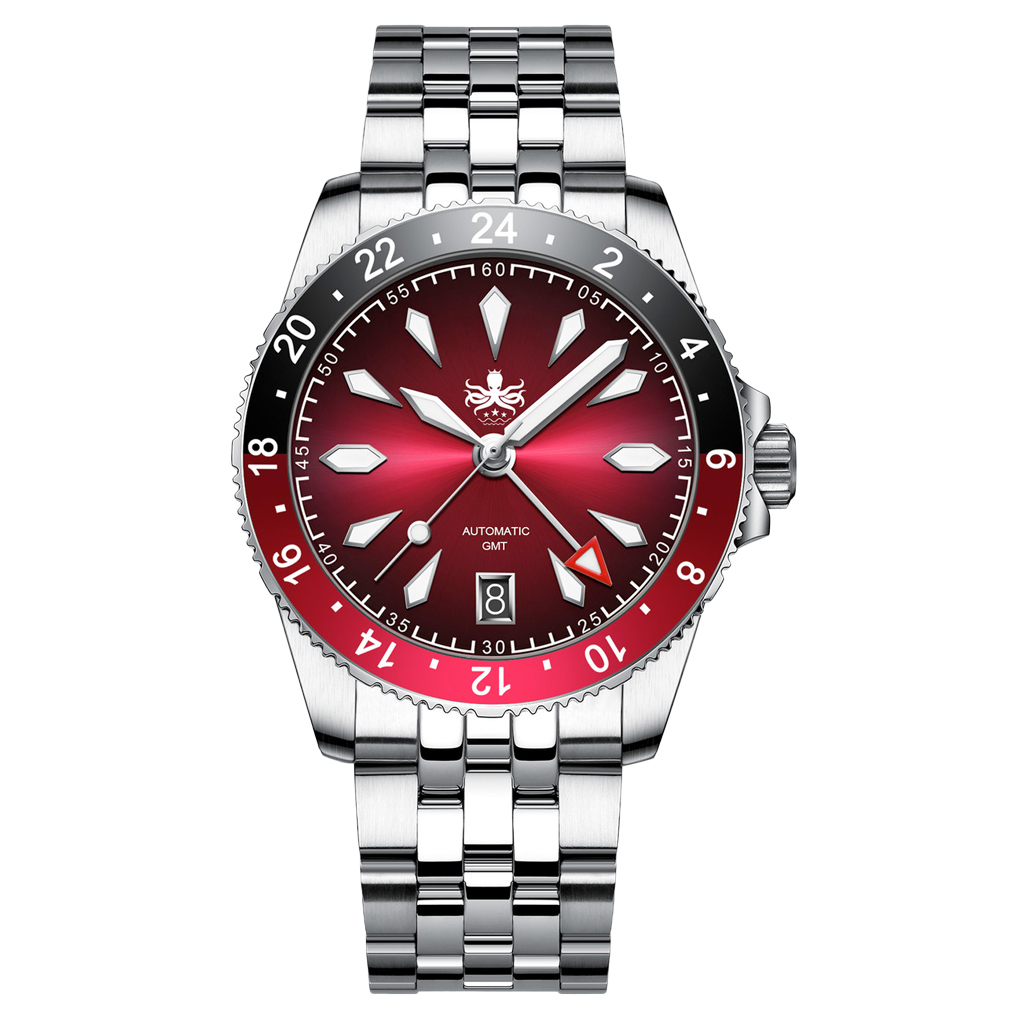 Phoibos Voyager GMT Automatic Watch with Burgundy Sunray Dial #PY058D