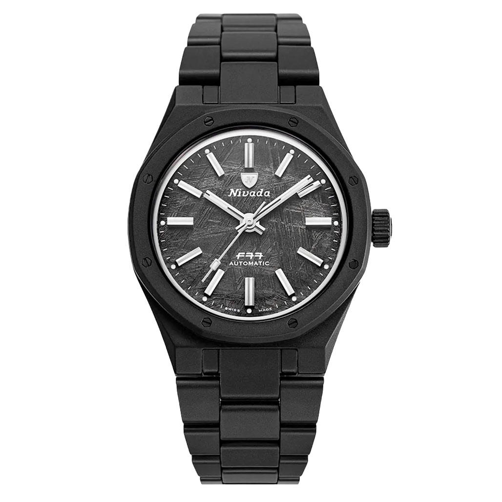 Nivada Grenchen 37mm F77 Black Ceramic Watch with Meterorite Dial