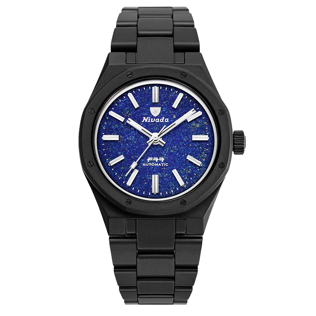 Nivada Grenchen 37mm F77 Black Ceramic Watch with Lapis Lazuli