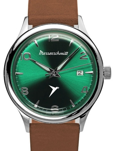 Messerschmitt Radiant Green Dial Swiss Quartz Watch with Brown Leather Strap #KR500-GRB