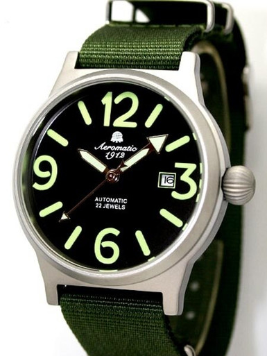 Aeromatic 1912 WW-2 Styled Automatic Military Watch with Green NATO Strap #A1337