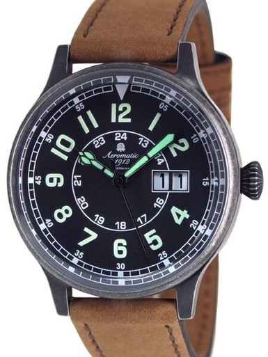 Aeromatic 1912 Retro Styled Aviator Quartz Watch, Aged Patina Case