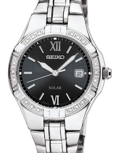 Seiko Women's Solar Dress Watch with 18 Diamond's on the Bezel, Black Dial  #SUT067