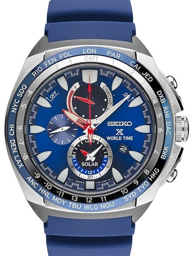 Seiko Solar Powered Chronograph Watch with World Time and Daily