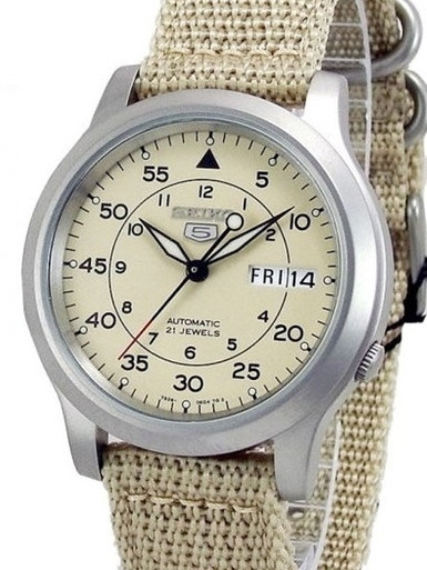Seiko 5 Military Tan Dial Automatic Watch with Tan Canvas Strap