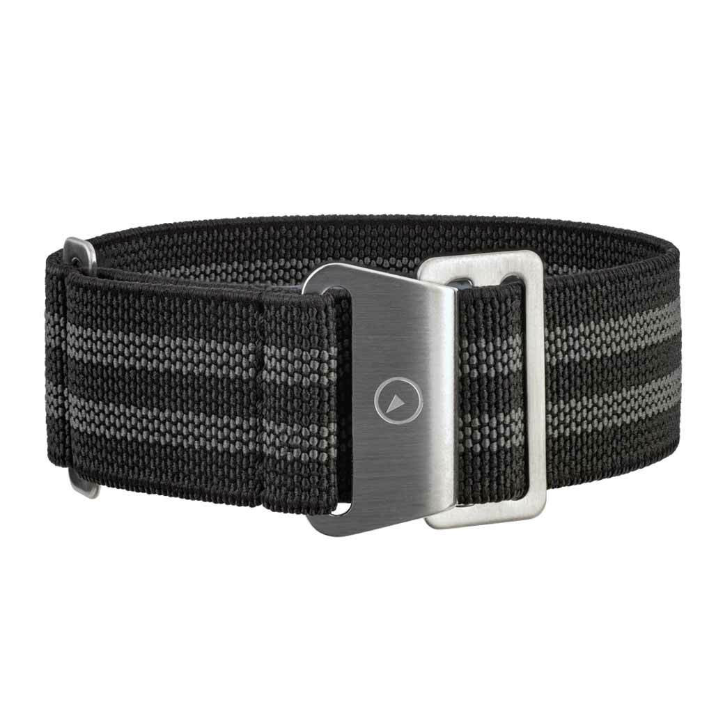 Black Elastic Woven Nylon Strap with Grey Stripes, Brushed Finish Steel Clasp #EWB-12-SS