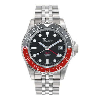 Squale 300 meter Swiss Automatic GMT watch with Luminous Ceramic Bezel, AR Sapphire Crystal #1545GM-CER-BKRD