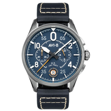 AVI-8 Spitfire Lock Japanese Meca-Quartz Chronograph, Blue Dial, Leather Strap #AV-4089-04