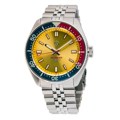 Islander 43mm Automatic Dive Watch with Sunburst Gold Dial and Maroon Accents #ISL-149