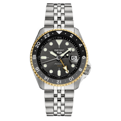 Seiko Sports Automatic GMT Watch with Grey Dial and Gold Accents