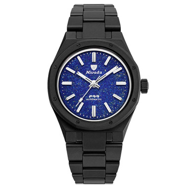 Nivada Grenchen 37mm F77 Black Ceramic Watch with Lapis Lazuli