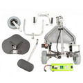 TravelScoot Escape components laid out with the seat, backrest, battery and front wheel detached.
