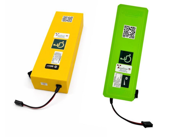 Yellow Max Range and green AirSafe TravelScoot lithium-ion batteries