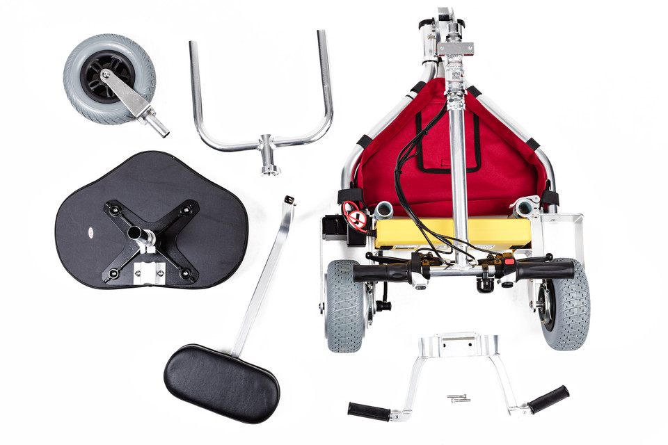 All components of the TravelScoot compact mobility scooter.