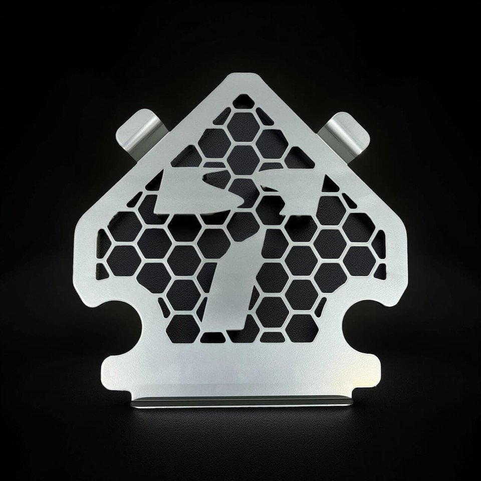The Super Caddy in silver with black background.