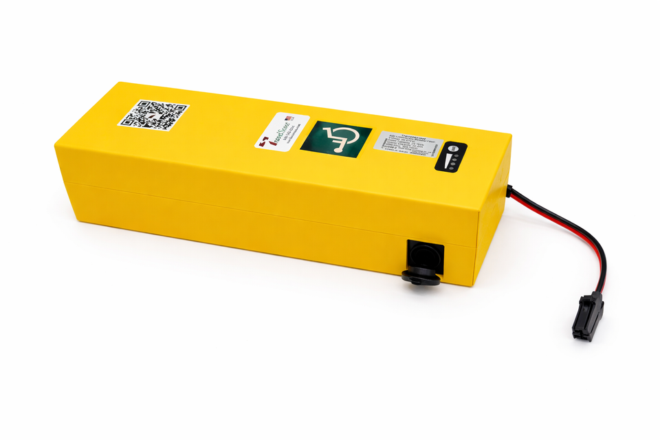 TravelScoot Max Range 603 wh lithium-ion mobility scooter battery front view.